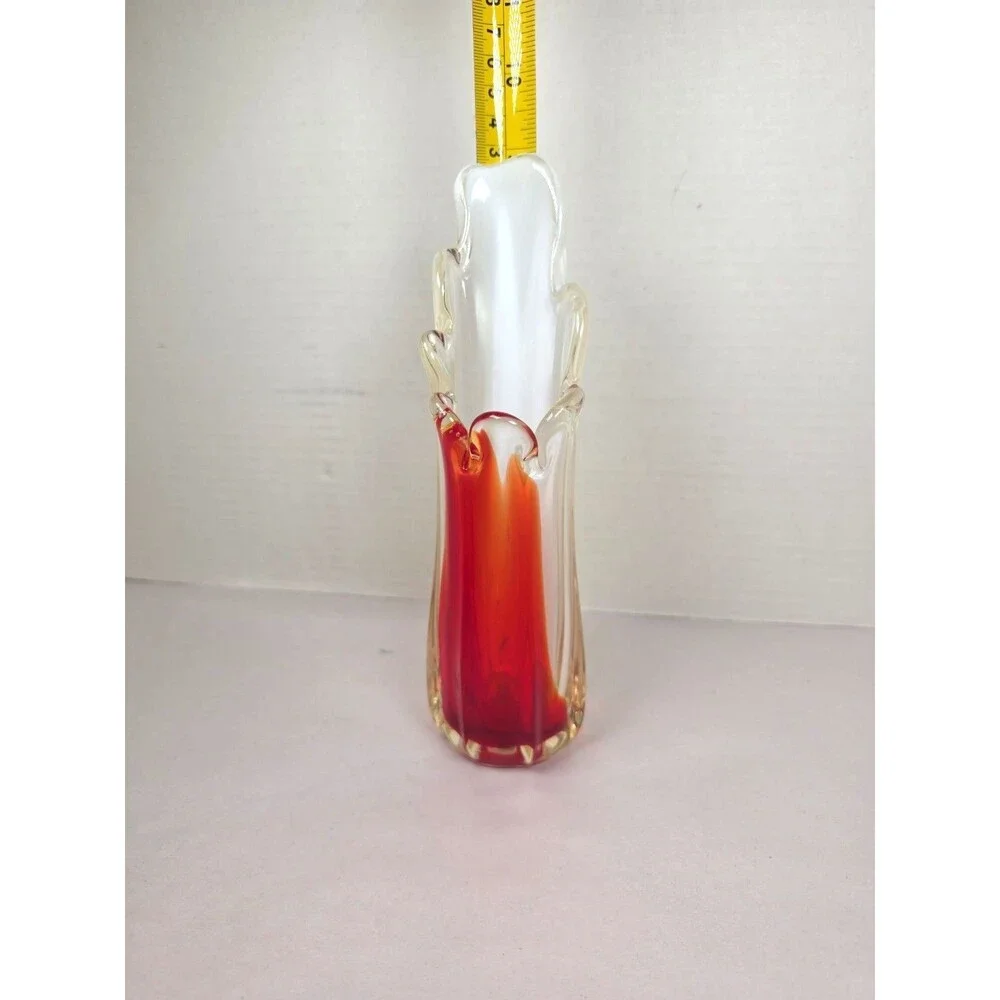 Vintage Murano Style Red Clear White Art Glass Bud Vase 9
